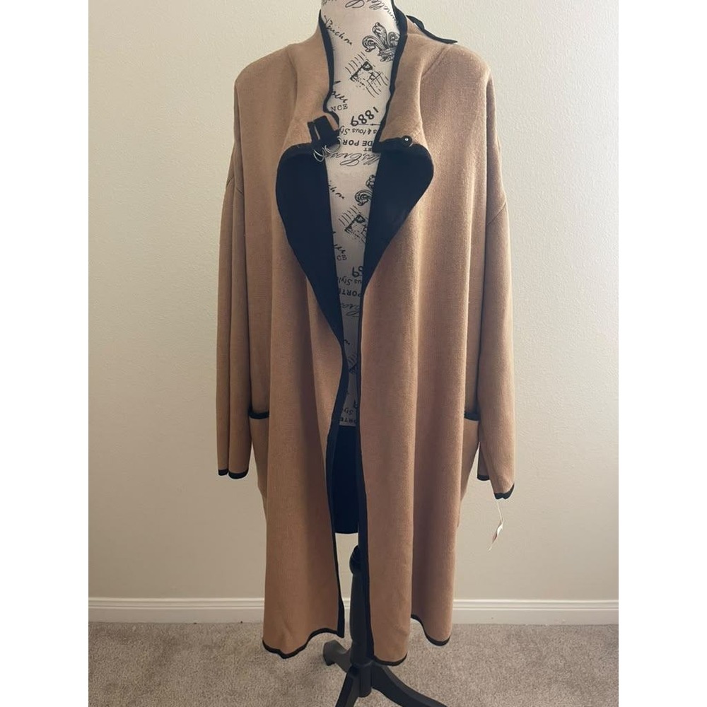 Bushwacker Silk Blend Cardigan Camel Brown Black Trim Mock Neck Buckle Wrap M